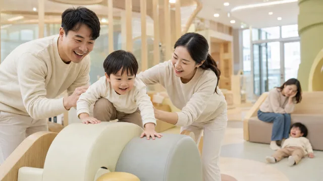 키즈카페에서 아이와 노는 부부