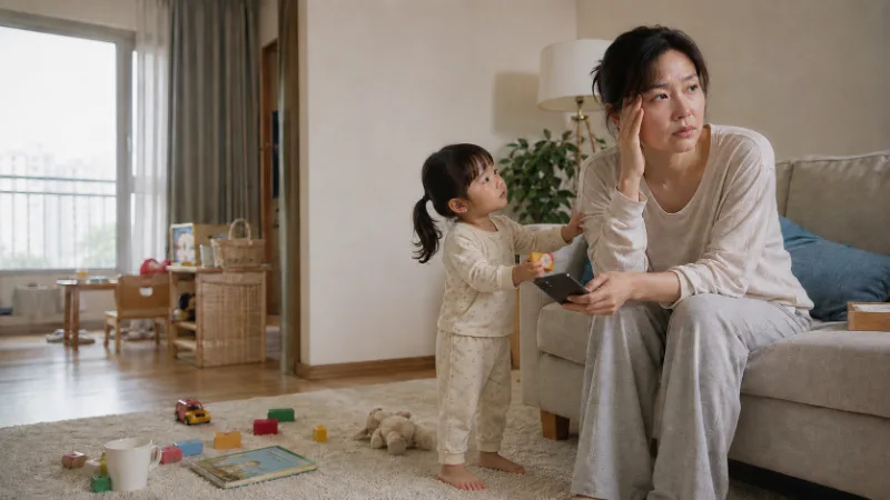 아이 곁에서 피로에 잠긴 엄마